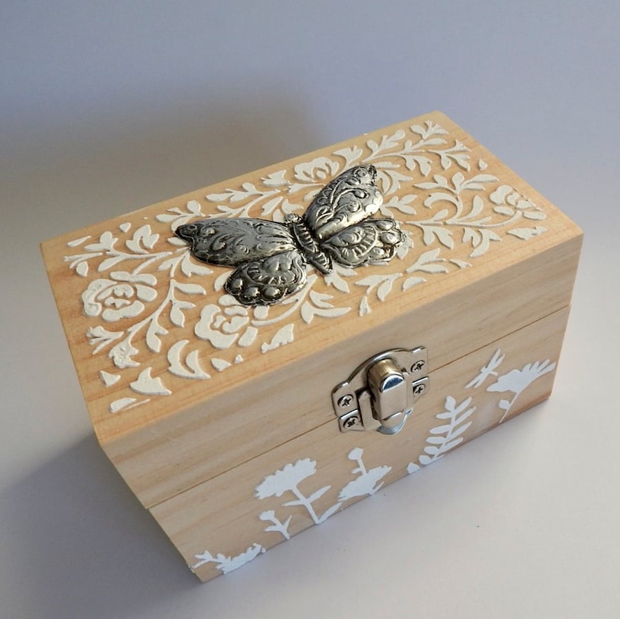 wooden trinket box with metal embossed design