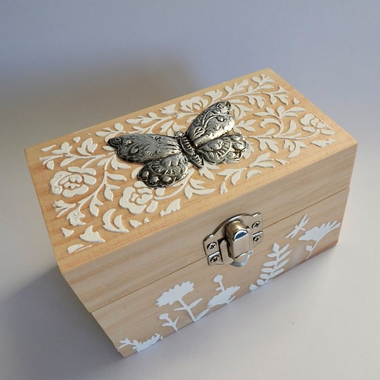 wooden trinket box with metal embossed design