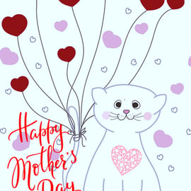 Happy Mother's Day Cat & Heart Card A5