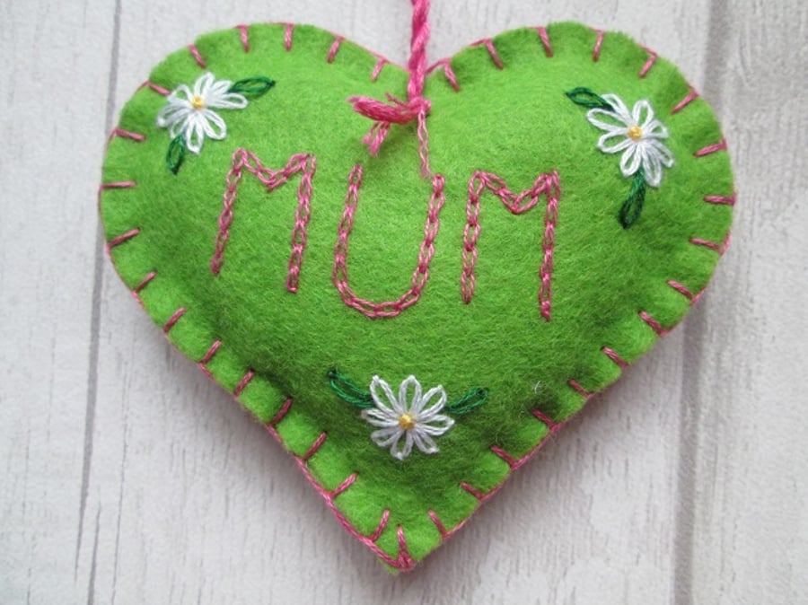 Mum Hand Embroidered Green Felt Keepsake Heart