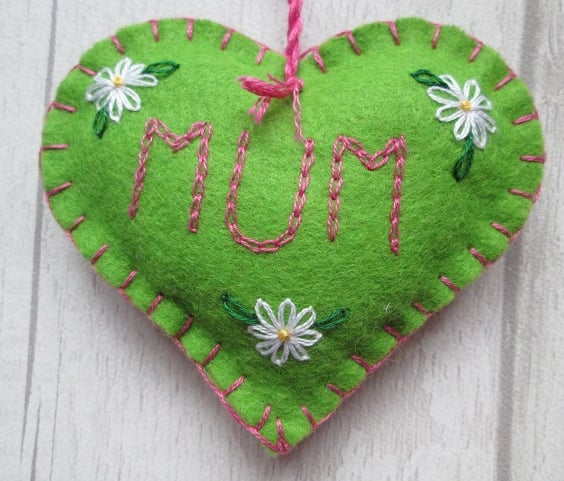 Mum Hand Embroidered Green Felt Keepsake Heart