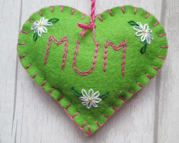 Mum Hand Embroidered Green Felt Keepsake Heart