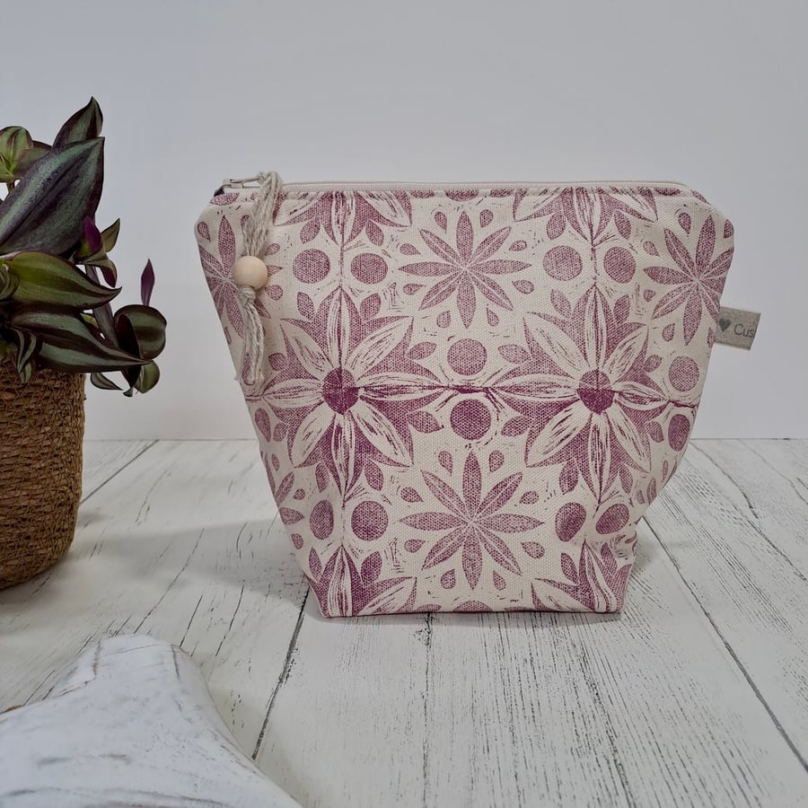 Hand Printed Linen Wash Bag, Toiletry Bag, Accessory Bag - Raspberry Pink