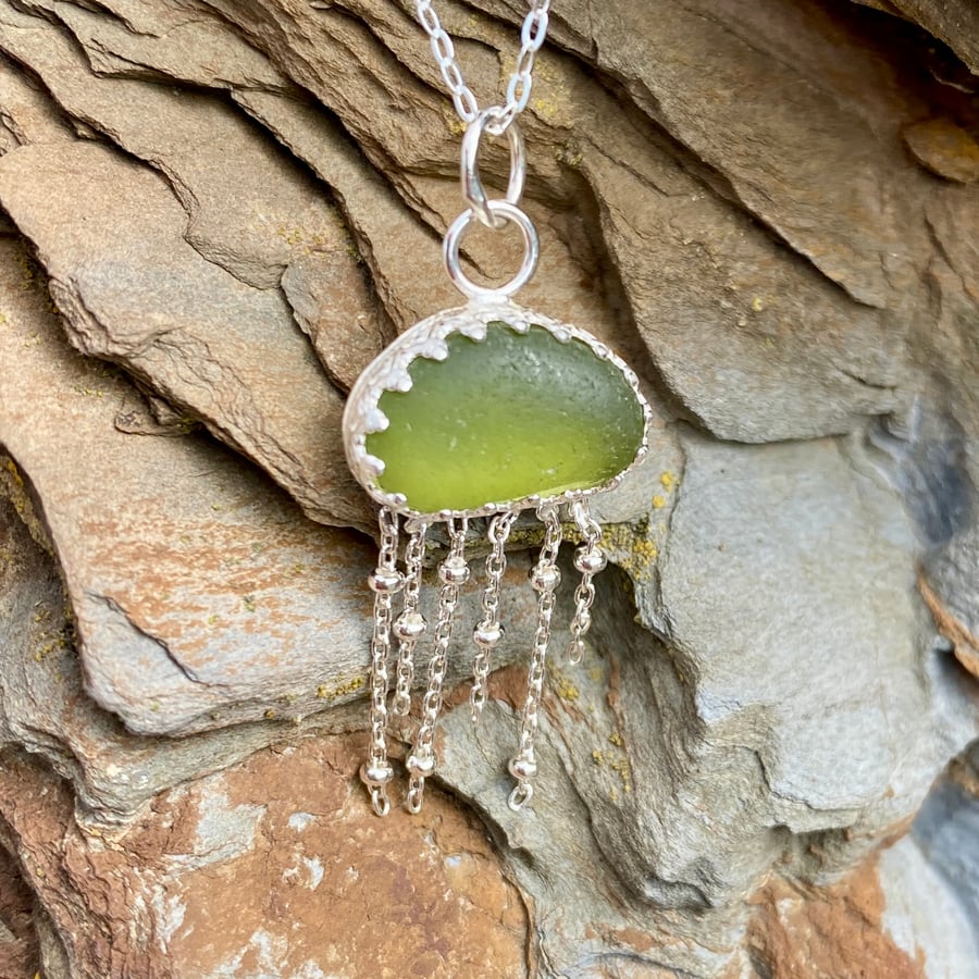 Sage Green Sea Glass and Sterling Silver Jelly Fish Pendant - 1315