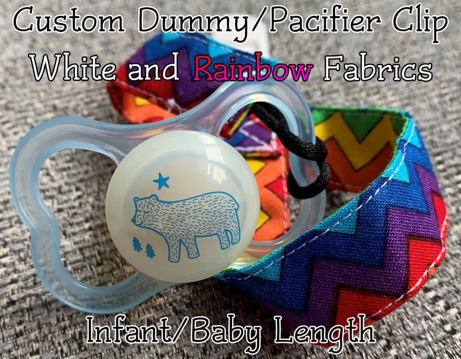 Custom White and Rainbow X-SHORT-BABY-NEWBORN 100% cotton pacifier paci clips