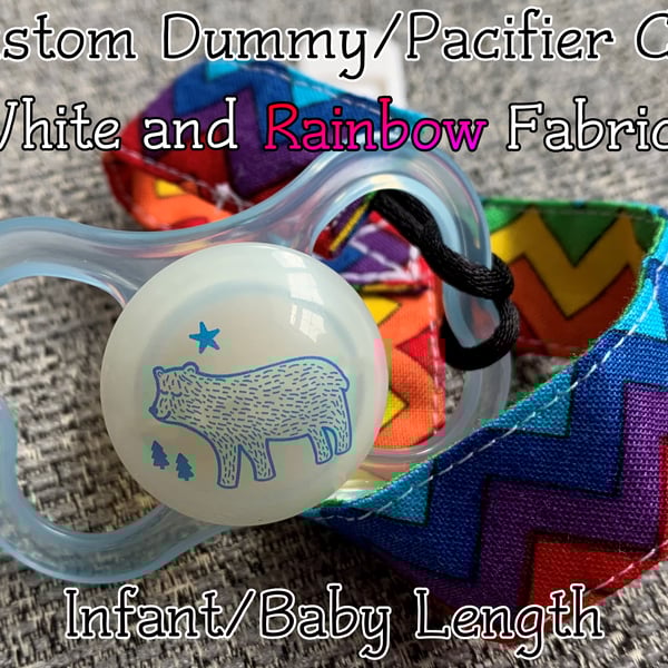 Custom White and Rainbow X-SHORT-BABY-NEWBORN 100% cotton pacifier paci clips