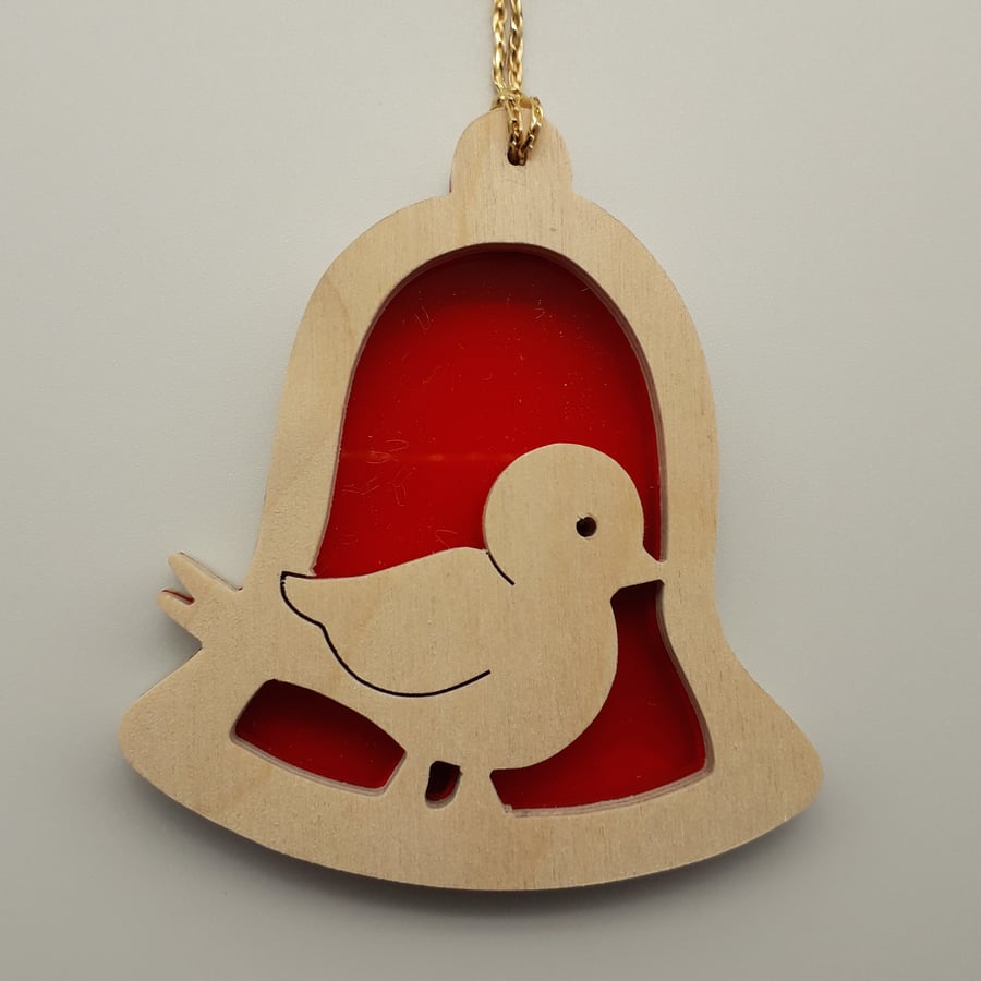Bird in Bell Motif Christmas Tree Decoration in Wood and Acrylic
