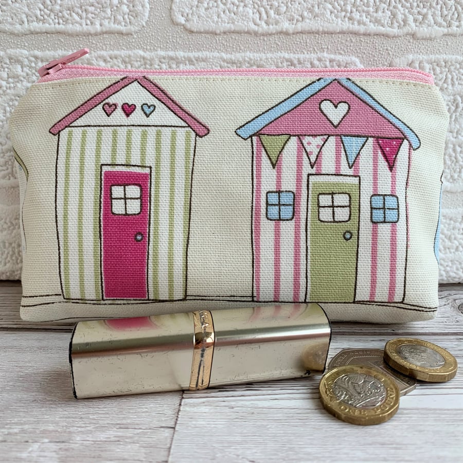 Large purse, coin purse with two pastel striped beach huts