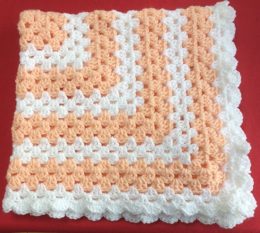 Winter Crochet Baby Blanket Apricot Peach Sparkly White Hand Crochet 