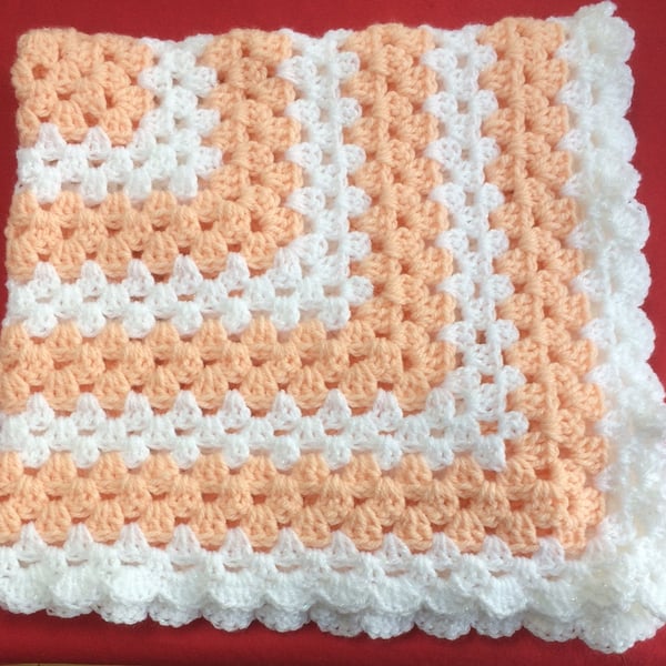 Winter Crochet Baby Blanket Apricot Peach Sparkly White Hand Crochet 