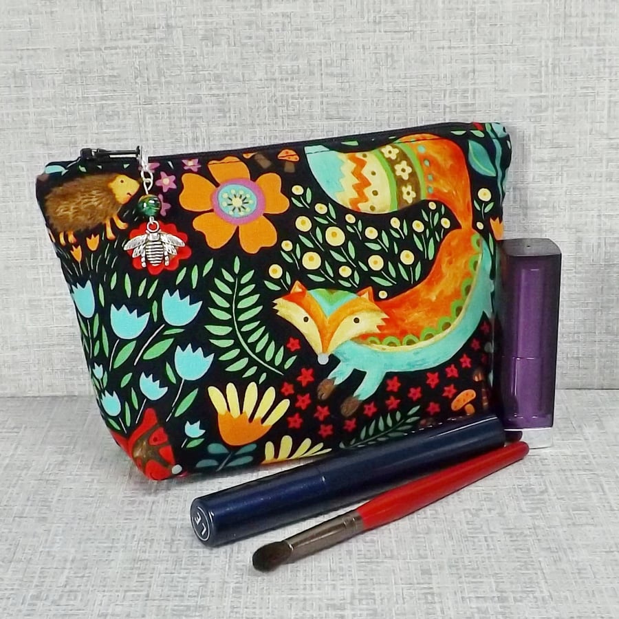 Make up bag, zipped pouch, cosmetic bag, woodland, fox