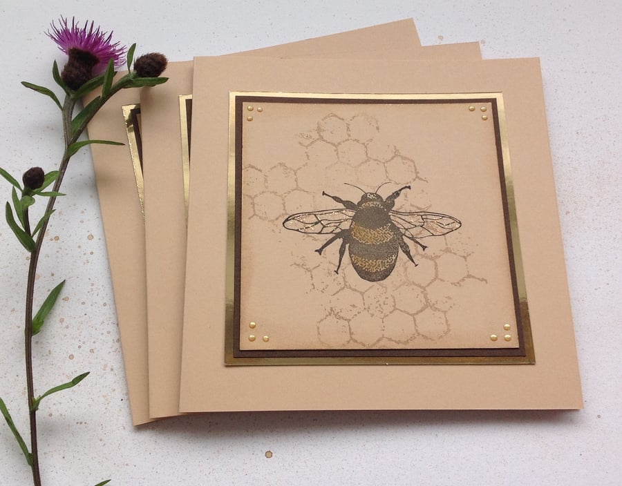 GREETINGS cards, notecards  ( pack of 3). Bee . Honeycomb. Nature. Summer.