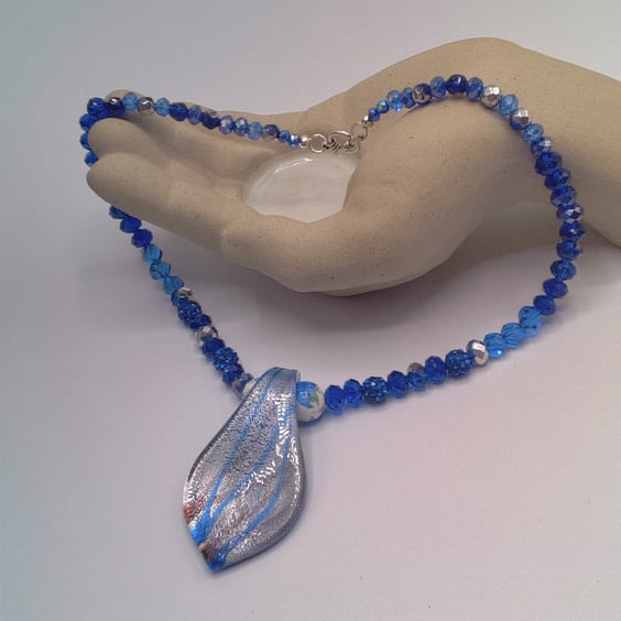 Blue Beaded Necklace with a Blue Teardrop Shaped Glass Pendant, Gift for Her