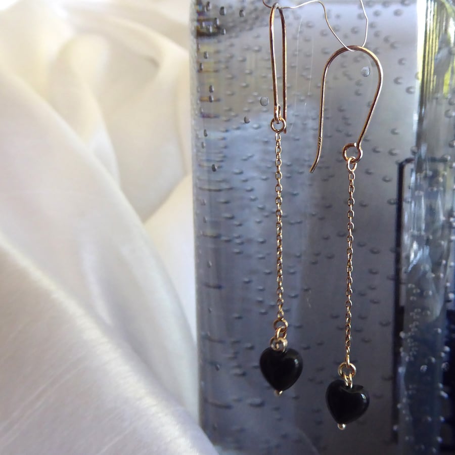 Black Onyx Heart and Sterling Silver Long Earrings