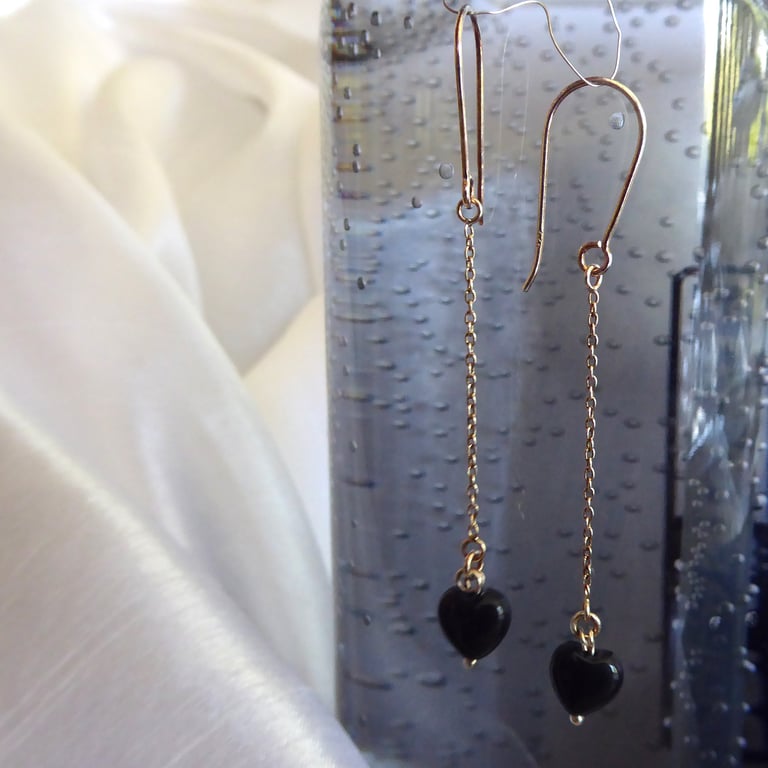 Black Onyx Heart and Sterling Silver Long Earrings