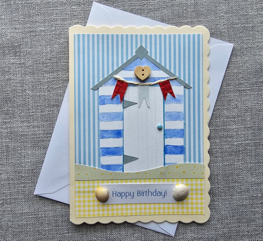Beach Hut Large Handmade Birthday Card with Sea Shells Size 7" x 5" 