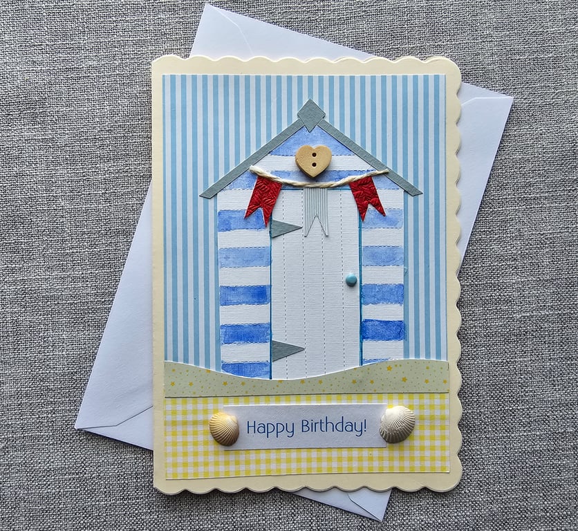Beach Hut Large Handmade Birthday Card with Sea Shells Size 7" x 5" 