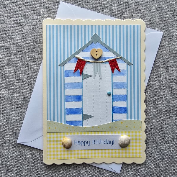 Beach Hut Large Handmade Birthday Card with Sea Shells Size 7" x 5" 