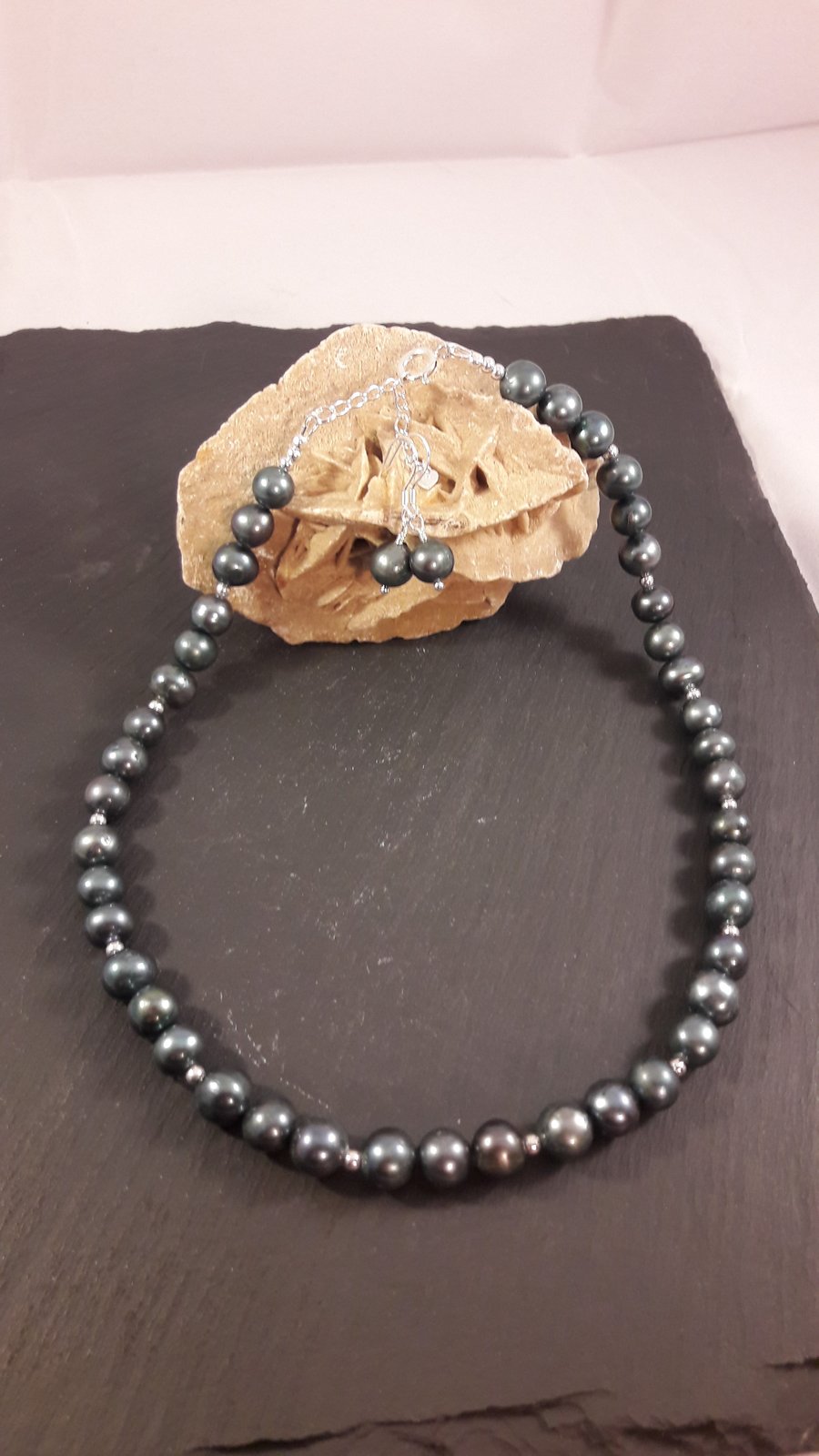 Black Freshwater Pearl and Sterling Silver Necklace and Earrings Set