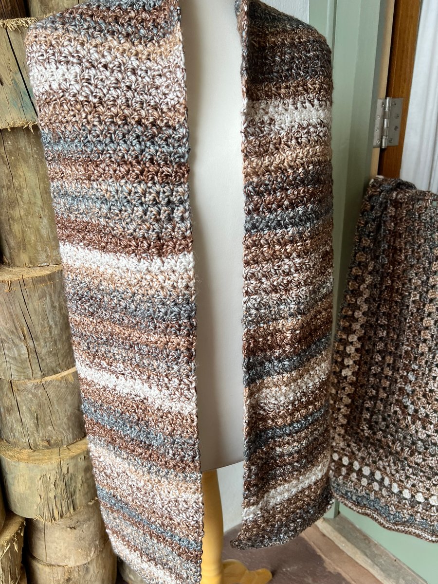 Crochet soft chunky scarf brown beige blue grey mix 