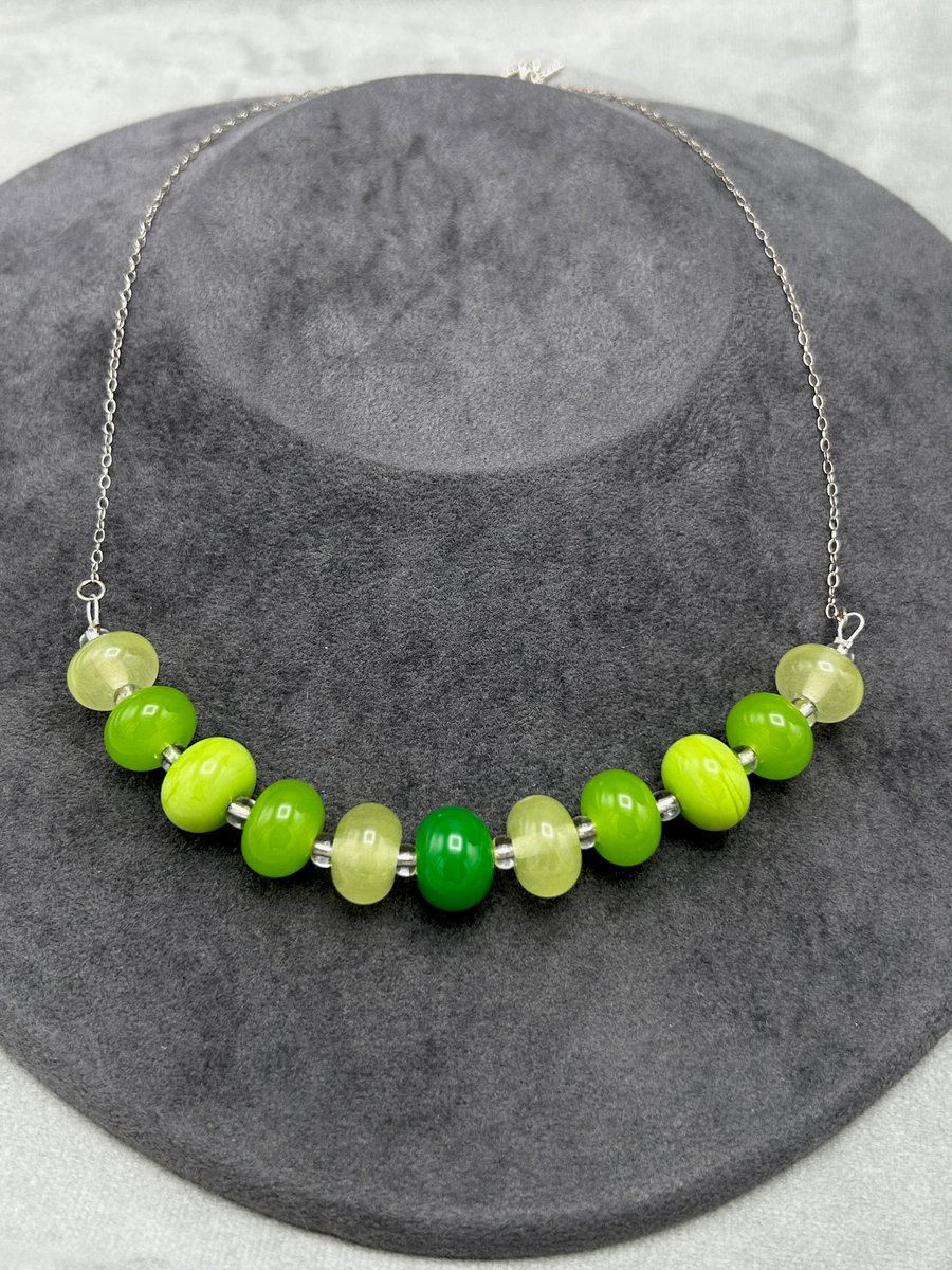spring greens lampwork glass beaded necklace