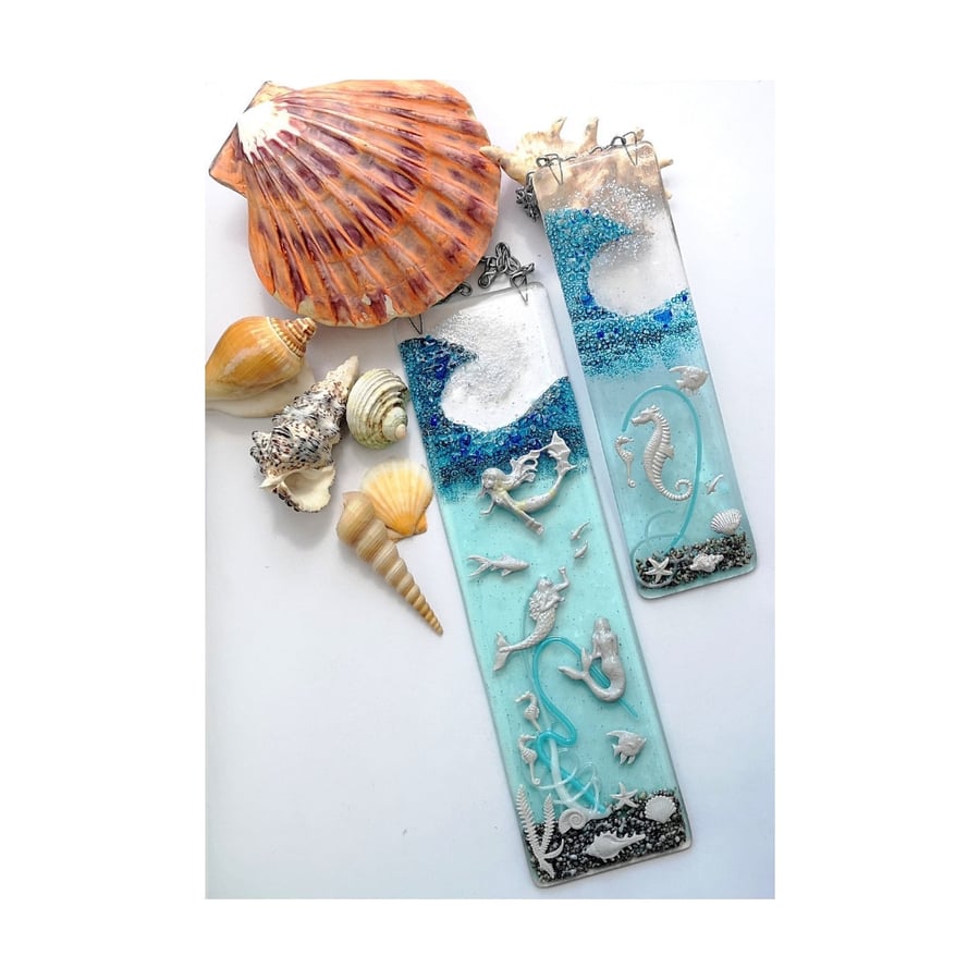 Handmade Fused Glass 3D Under The Sea Hanging Picture Suncatcher - Ocean Mermaid