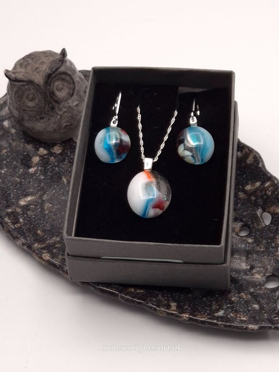 Red, Blues and White Fused Glass Lever Drop Earrings and Pendant Set