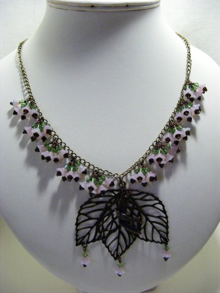 Pale Pink Glass Flower and Crystal Necklace