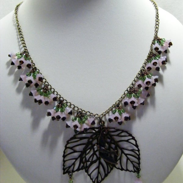 Pale Pink Glass Flower and Crystal Necklace