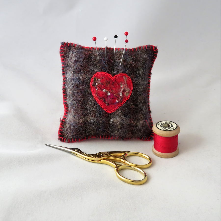 SALE Heart Felted Pincushion on recycled tweed Red and Grey