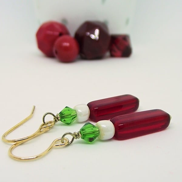 Earrings Christmas red green white glass