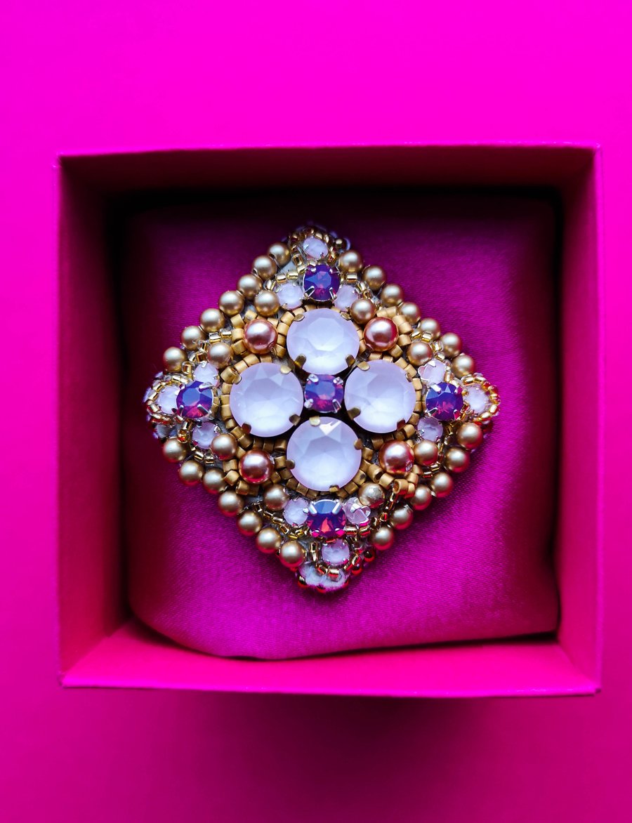 Swarovski crystal and pearl purple, rose pink and gold beaded embellished brooch