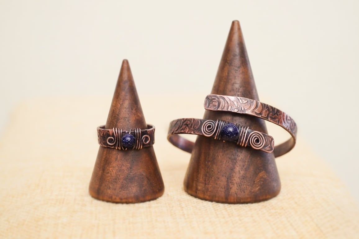 Handmade Copper Bracelet and Ring Set, Blue ,stone Stardust Jewelry, 