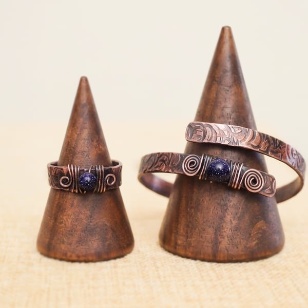 Handmade Copper Bracelet and Ring Set, Blue ,stone Stardust Jewelry, 