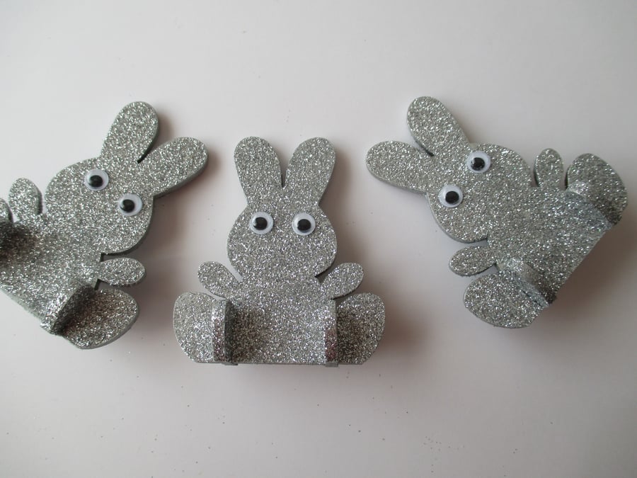 3x Bunny Rabbit Glittery Christmas Decorations Wooden Freestanding Cute Twinkly