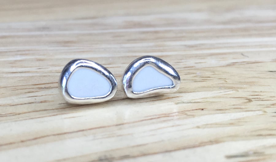 Handmade Fine & Sterling Silver Stud Earrings With Solid White Welsh Sea Glass