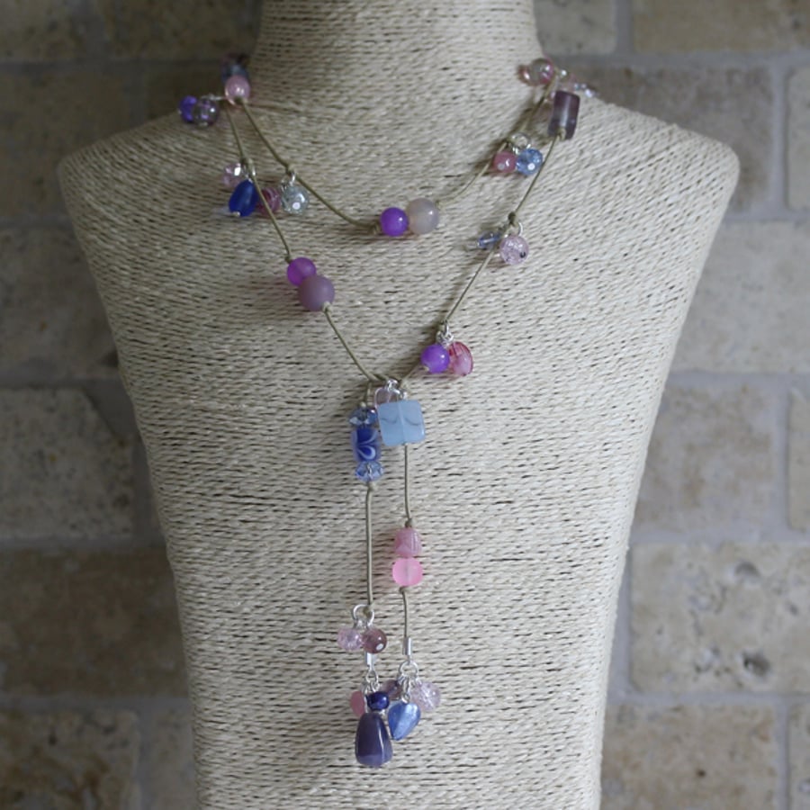 Mixed pink, blue and lilac Lariat, Long necklace