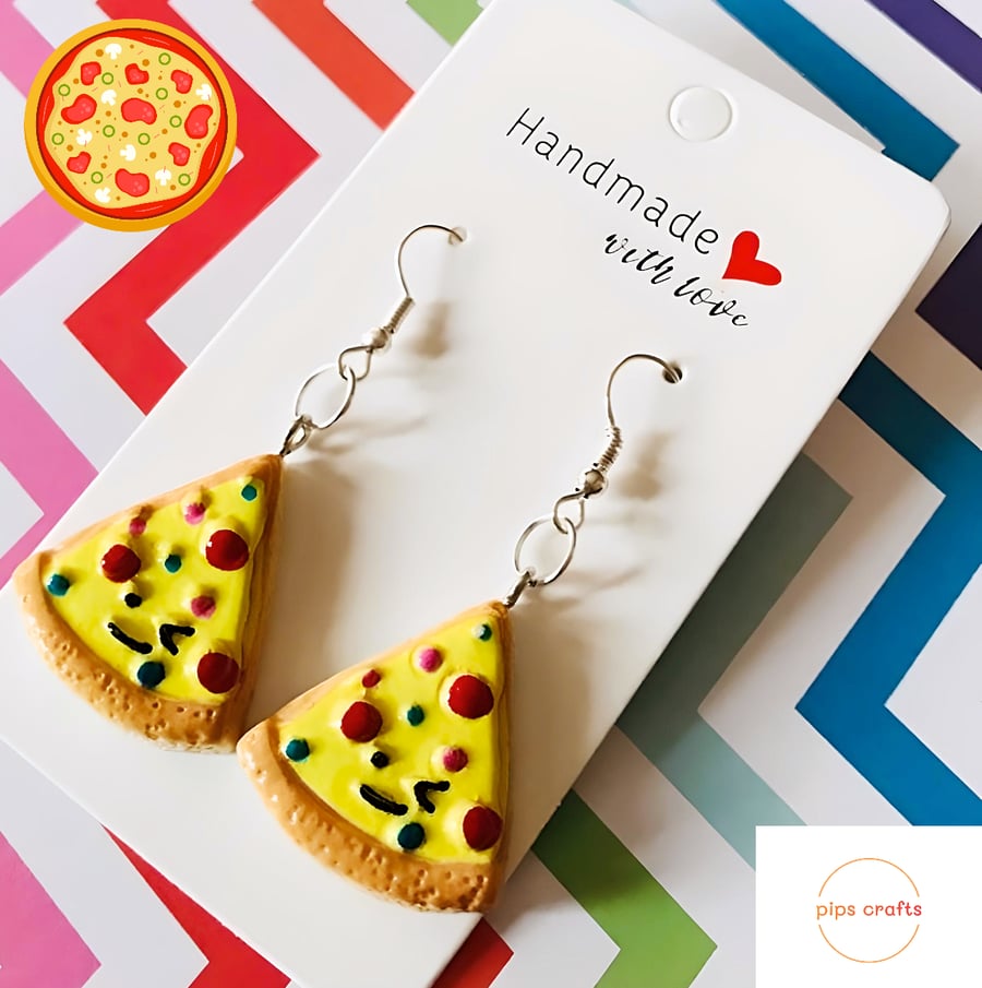 Fun Pizza Slice Dangle Earrings 925 Silver Hooks, Quirky Food Jewellery 
