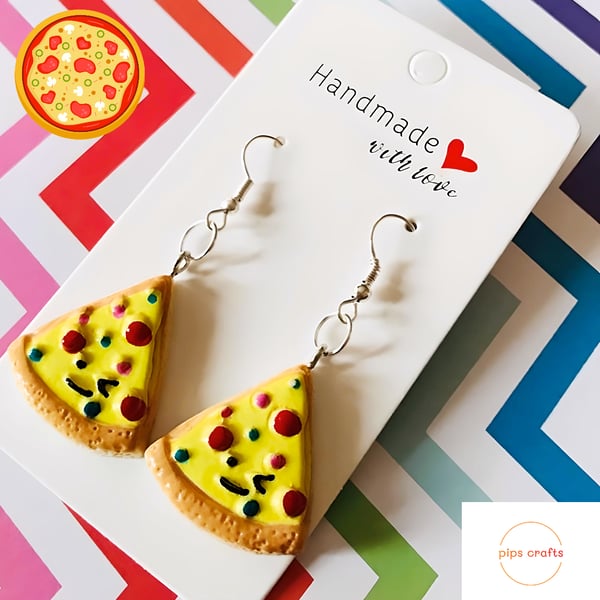 Fun Pizza Slice Dangle Earrings 925 Silver Hooks, Quirky Food Jewellery 