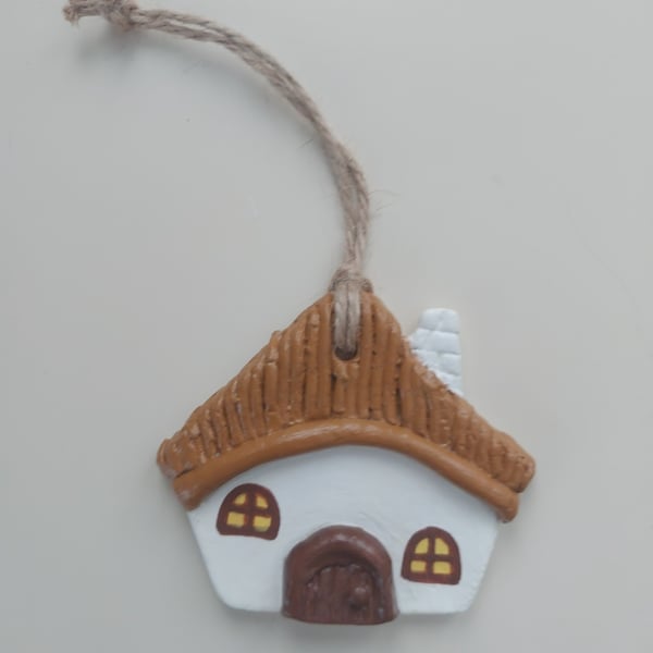 Handmade Clay Whimsical Storybook Cottage Hanging Ornament