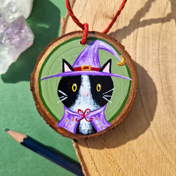Tuxedo cat witch art, Black and white cat art, Halloween decoration, Cat gift