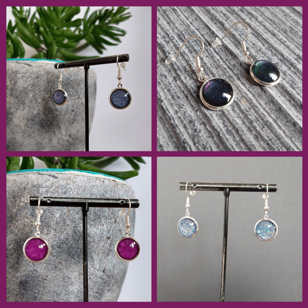 Delicate sparkly glass cabochon earrings (black lever back or silver plate)