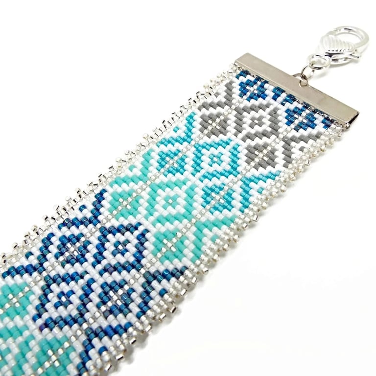 Handmade Miyuki Delica Loomed Bracelet in Blue, Grey & Silver with Frill Edge