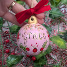 Pink Holly Berry and Poinsettia hand-painted personalised Christmas bauble