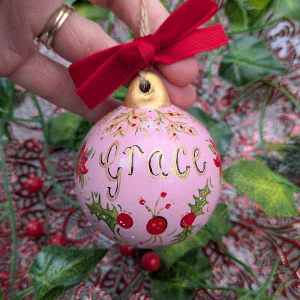 Pink Holly Berry and Poinsettia hand-painted personalised Christmas bauble