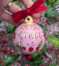 Pink Holly Berry and Poinsettia hand-painted personalised Christmas bauble