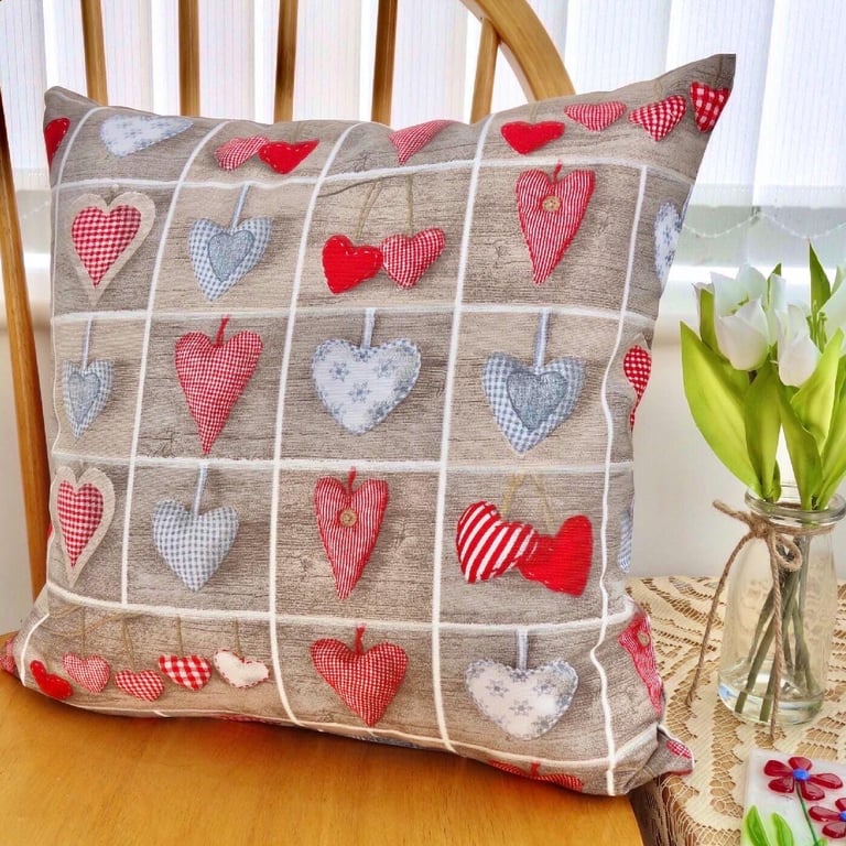 Cushion with Pad: Hearts in Squares Throw Pillow 17" (43cm)