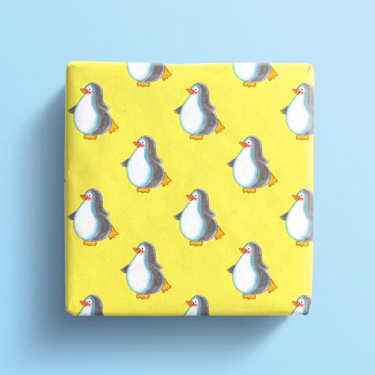 Penguin wrapping paper with a little penguin chick