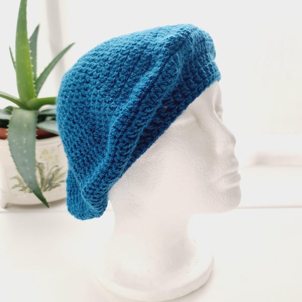 Teal Blue Crochet Beret Hat, Lightweight DK Yarn