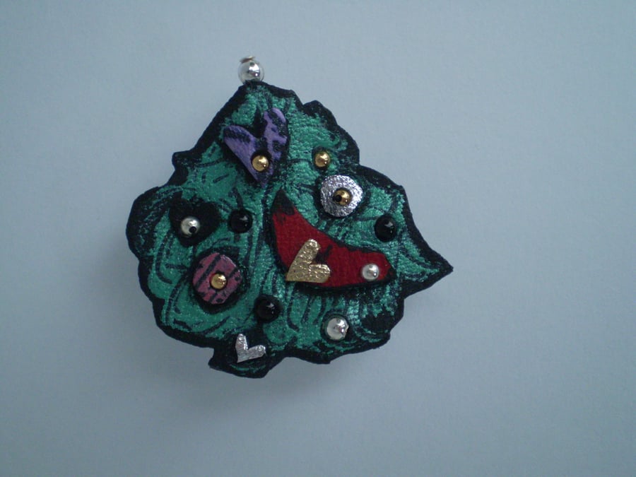 "Jingle". Tree Brooch and Decoration in recycled leather